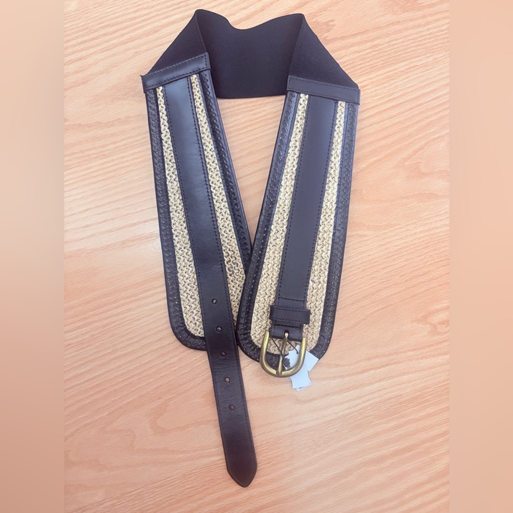 NWT White House Black Market raffia black leather stretch belt size XS/S.